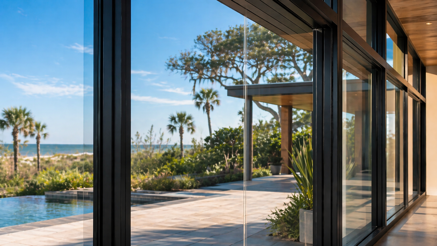 Bright patio room with coast in the background and natural light coming through clean windows.